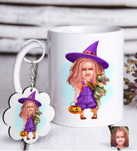 BK Gift Kişiye Özel Kız Çocuk Küçük Cadı Karikatürlü Beyaz Kupa ve Anahtarlık Hediye Seti-1 (Model 1)