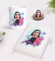 BK Gift Kişiye Özel Kadınlar Günü Karikatürlü Beyaz Defter Kalem ve Kupa Seti-2 (Model 1)