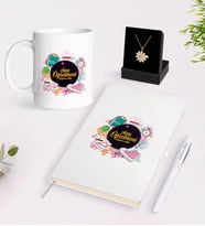 BK Gift Kişiye Özel Sınıf Öğretmeni Beyaz Kupa Defter Kalem ve İsimli Papatya Kolye Hediye Seti-15 (Model 1)