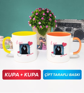 İkili Sevgiliye Sevgililer Günü Hediyesi 7 Kupa Bardak Sarı Turuncu