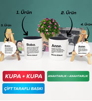 İkili Siyah Siyah Kişiye Özel Baba ve Anne Kupa Bardak Anahtarlık Hediye Seti