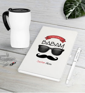 BK Gift Kişiye Özel Yakışıklı Babam Beyaz Defter Kalem Termos Mug Seti-5 (Model 1)