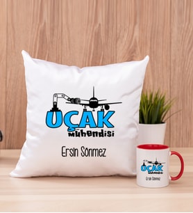 Uçak Mühendisi Kare Yastık ve Kırmızı Kupa Bardak