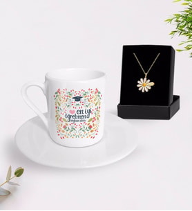 BK Gift Kişiye Özel En İyi Öğretmen Türk Kahvesi Fincanı ve İsimli Papatya Kolye Hediye Seti-15 (Model 1)