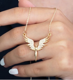 Gold Renk Kaplama Taşlı Sarı Mikail Meleği Kadın Kolye bbk19s