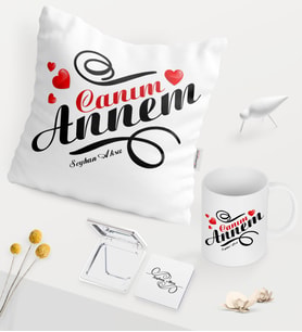 BK Gift Kişiye Özel Canım Annem Beyaz Kupa Ayna Yastık Seti - 14 (Model 1)