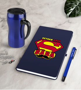 BK Gift Kişiye Özel Süper Baba Lacivert Defter Kalem Termos Mug Seti (Model 1)