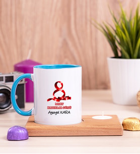 Kadınlar Günü Hediyesi  Ahşap Altlıklı Mumlu Mavi Kupa Bardak