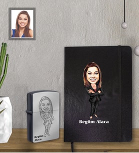 Kişiye Özel Öğretmen Karikatürlü Siyah Defter Çakmak Hediye Seti Bayan-6 (Model 1)