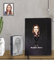 Kişiye Özel Öğretmen Karikatürlü Siyah Defter Çakmak Hediye Seti Bayan-6 (Model 1)