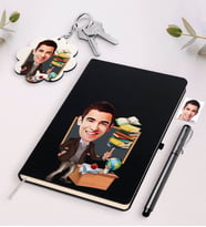 BK Gift Kişiye Özel Erkek Öğretmen Karikatürlü Siyah Defter Kalem Ve Anahtarlık Hediye Seti-2 (Model 1)