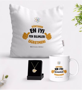 BK Gift Kişiye Özel Fen Bilimleri Öğretmeni Beyaz Kupa Yastık ve İsimli Papatya Kolye Hediye Seti-1 (Model 1)