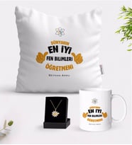 BK Gift Kişiye Özel Fen Bilimleri Öğretmeni Beyaz Kupa Yastık ve İsimli Papatya Kolye Hediye Seti-1 (Model 1)