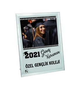 Biresimden Mezuniyet Hediyesi Yıl İsim Okul ve Fotoğraf Baskılı Cam Çerçeve