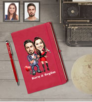 Kişiye Özel Sevgili Karikatürlü  Kırmızı Defter Kalem Hediye Seti Model 5