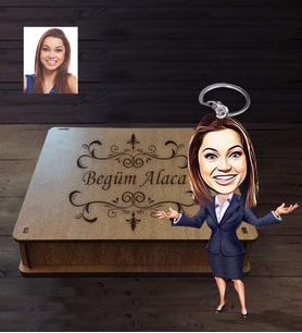 Kişiye Özel Öğretmen Karikatürlü  Ahşap Anahtarlık Kutulu Bayan-4