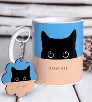 BK Gift Kişiye Özel Sevimli Kedi Beyaz Kupa ve Anahtarlık Hediye Seti-4 (Model 1)