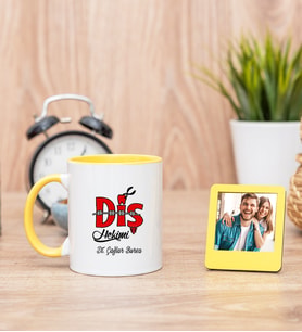 Diş Hekimi Tasarım Sarı Kupa Bardak ve Sarı Mini Fotoğraf Çerçevesi