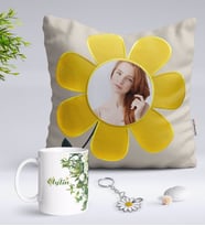 BK Gift Kişiye Özel Fotoğraflı Papatya Yastık Kupa ve Silver Papatya Anahtarlık-5 (Model 1)