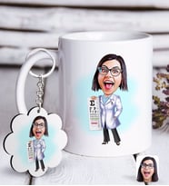 BK Gift Kişiye Özel Bayan Göz Doktoru Karikatürlü Beyaz Kupa ve Anahtarlık Hediye Seti (Model 1)