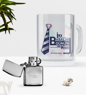 BK Gift Kişiye Özel İlk Babalar Günün Kutlu Olsun Cam Kupa Bardak Benzinli Çakmak Seti-3 (Model 1)