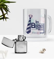 BK Gift Kişiye Özel İlk Babalar Günün Kutlu Olsun Cam Kupa Bardak Benzinli Çakmak Seti-3 (Model 1)