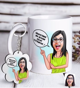 BK Gift Kişiye Özel Bayan Kolay Yetişmiyor Karikatürlü Beyaz Kupa ve Anahtarlık Hediye Seti-5 (Model 1)