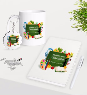 BK Gift Kişiye Özel Dünyanın En İyi Öğretmeni Kupa Anahtarlık Beyaz Defter Kalem Hediye Seti-26 (Model 1)
