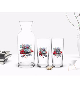 BK Gift Kişiye Özel Renkli Baskılı London Tasarımlı İkili Rakı Bardağı ve Karaf Hediye Seti-1 (Beyaz)