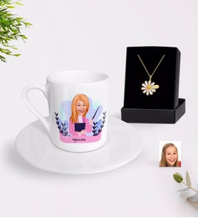 BK Gift Kişiye Özel Bayan Sınıf Öğretmeni Karikatürlü Türk Kahvesi Fincanı ve İsimli Papatya Kolye Hediye Seti-2 (Model 1)