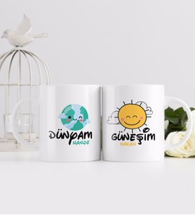 BK Gift Kişiye Özel Güneşim ve Dünyam Tasarımlı İkili Beyaz Kupa Bardak-2
