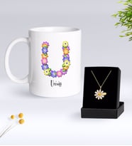 BK Gift Kişiye Özel Çiçek Temalı Harf Kupa ve Papatya Kolye Hediye Seti-24 (Model 1)