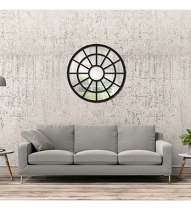 Dfn Wood Siyah Pencere Yuvarlak Duvar Salon Antre Aynası