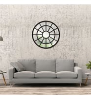 Dfn Wood Siyah Pencere Yuvarlak Duvar Salon Antre Aynası