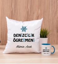 Denizcilik Öğretmeni Kare Yastık ve Mavi Kupa Bardak