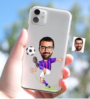BK Gift Kişiye Özel Bordo Mavi Futbolcu Karikatürlü iPhone 11 İnce Şeffaf Silikon Telefon Kapağı (Beyaz)