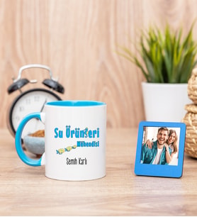 Su Ürünleri Mühendisi Mavi Kupa Bardak ve Mavi Mini Fotoğraf Çerçevesi