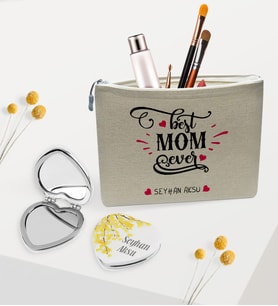 BK Gift Kişiye Özel En İyi Anne Keten Makyaj Çantası ve Kalp Ayna Hediye Seti-4 (Model 1)
