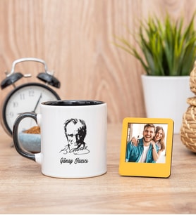 Atatürk Siluetli Siyah Kupa Bardak ve Sarı Mini Fotoğraf Çerçevesi