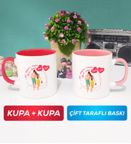 İkili Sevgiliye Sevgililer Günü Hediyesi 1 Kupa Bardak Kırmızı Pembe