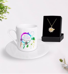 BK Gift Kişiye Özel Resim Öğretmeni Türk Kahvesi Fincanı ve İsimli Papatya Kolye Hediye Seti-4 (Model 1)