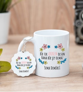 Bir Tek Annem Olsun Beyaz Kupa Bardak Ve Anahtarlık Set