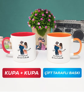 İkili Sevgiliye Hediye Bir Ömür Sevgililer Günü Hediyesi Kupa Bardak Kırmızı Turuncu