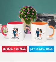 İkili Sevgiliye Hediye Bir Ömür Sevgililer Günü Hediyesi Kupa Bardak Kırmızı Turuncu