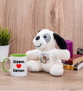 Sevgililere Özel İsim Yazılı Yeşil Kupa Bardak ve Peluş Köpek