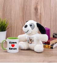 Sevgililere Özel İsim Yazılı Yeşil Kupa Bardak ve Peluş Köpek