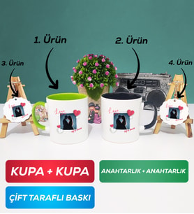 İkili Yeşil Siyah Sevgiliye Sevgililer Günü Hediyesi 7 Kupa Bardak Anahtarlık
