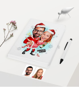 BK Gift Kişiye Özel Yılbaşı Temalı Sevgililer Karikatürlü Beyaz Defter Kalem Seti - 2