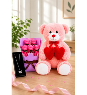 Romantik Hediye Seti 80 cm Peluş Ayıcık, Mini Peluş Buket ve Kelebek Kolye Kombini (Pembe Bobo-Fuşya Buket)