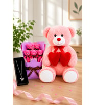 Romantik Hediye Seti 80 cm Peluş Ayıcık, Mini Peluş Buket ve Kelebek Kolye Kombini (Pembe Bobo-Fuşya Buket)